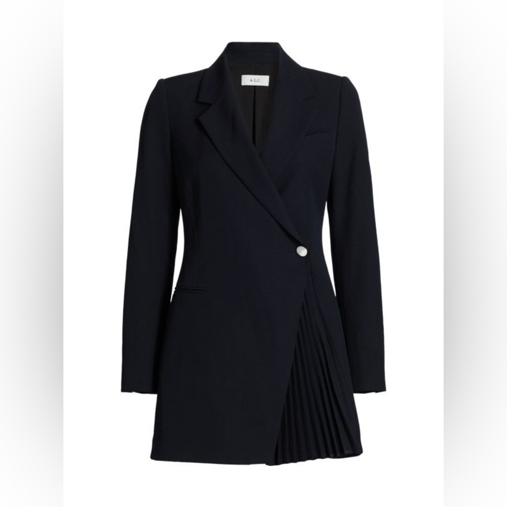 NWT ALC Navy Mini Dress Asymmetrical Pleated with silver buttons